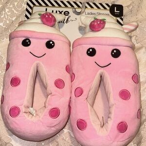 NWT Pink Strawberry Boba Slippers